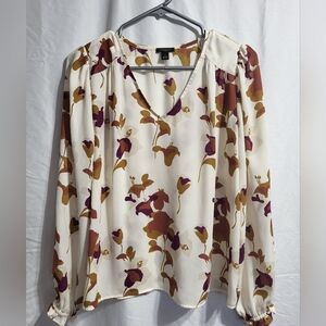 Ann Taylor Ivory Blouse with Purple and Tan Floral Pattern, Size Small